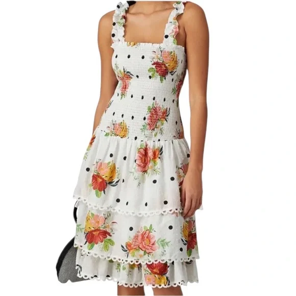 knee length dresses for ladies Farm Rio Anthropologie Pink Macaw Flight Smocked Midi Dress – White  Chocolate Couture main image 0